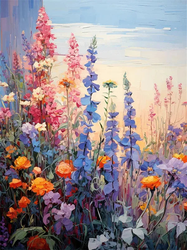 A vibrant painting of a lavender flower field with pink, purple, and blue blooms under a soft sky.