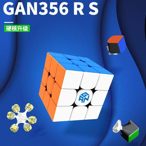 A translucent orange and blue cube puzzle labeled GAN356 RS is shown against a blue background with other small components.