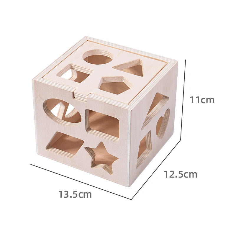 A wooden Montessori toy set with various geometric shapes cut into a box for toddlers.