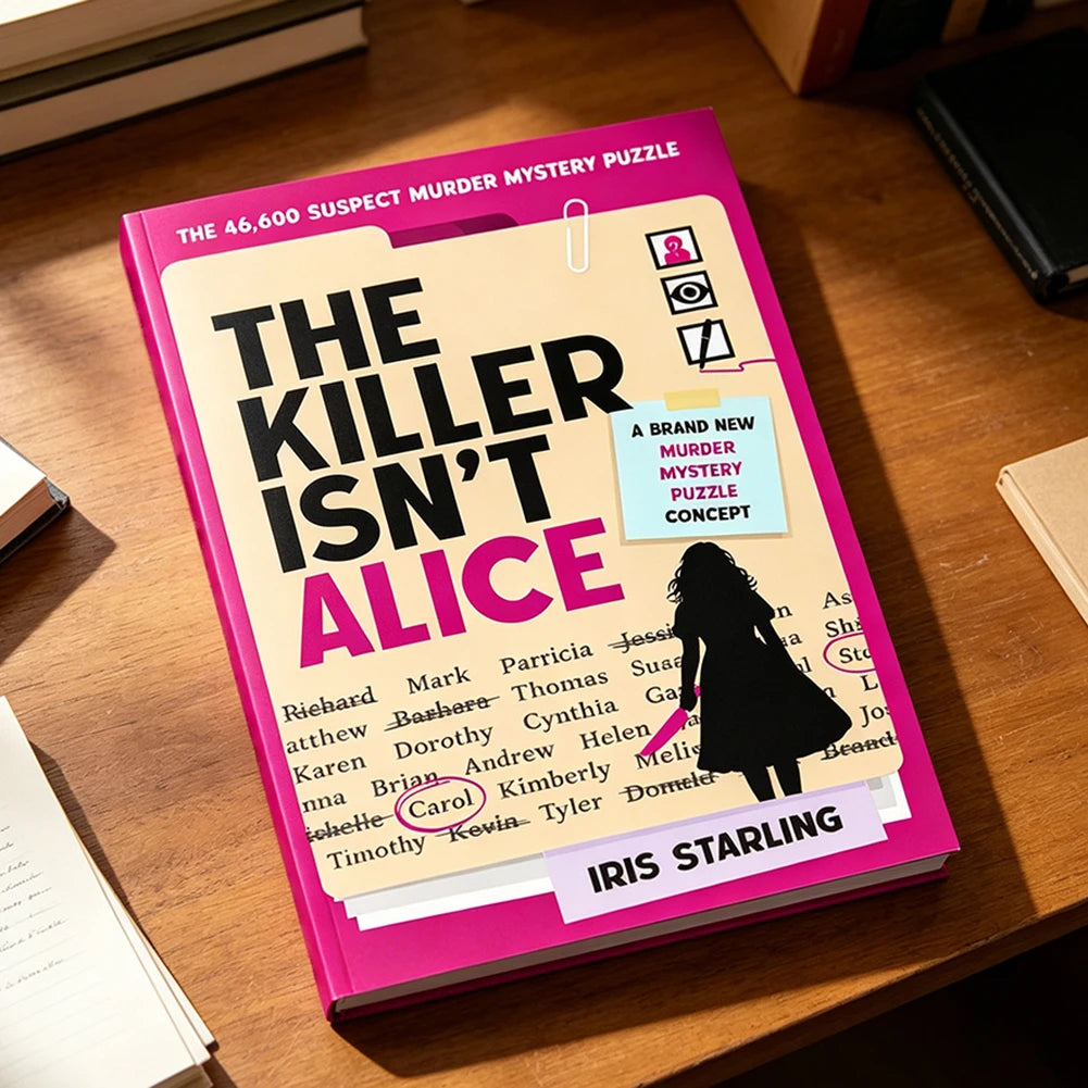 A pink puzzle book titled The Killer Isn't Alice featuring a silhouette of a woman and names of suspects.