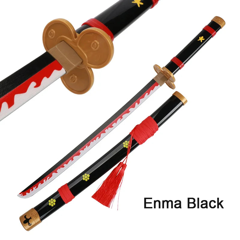 Enma Black katana wooden sword with red and white accents and gold fittings