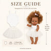 Size guide showing a white two-piece set for 14-inch dolls, including a bodysuit and tulle skirt.