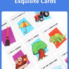 A set of cards for a guessing game featuring various items like an umbrella, dinosaur, book, tree, and airplane.