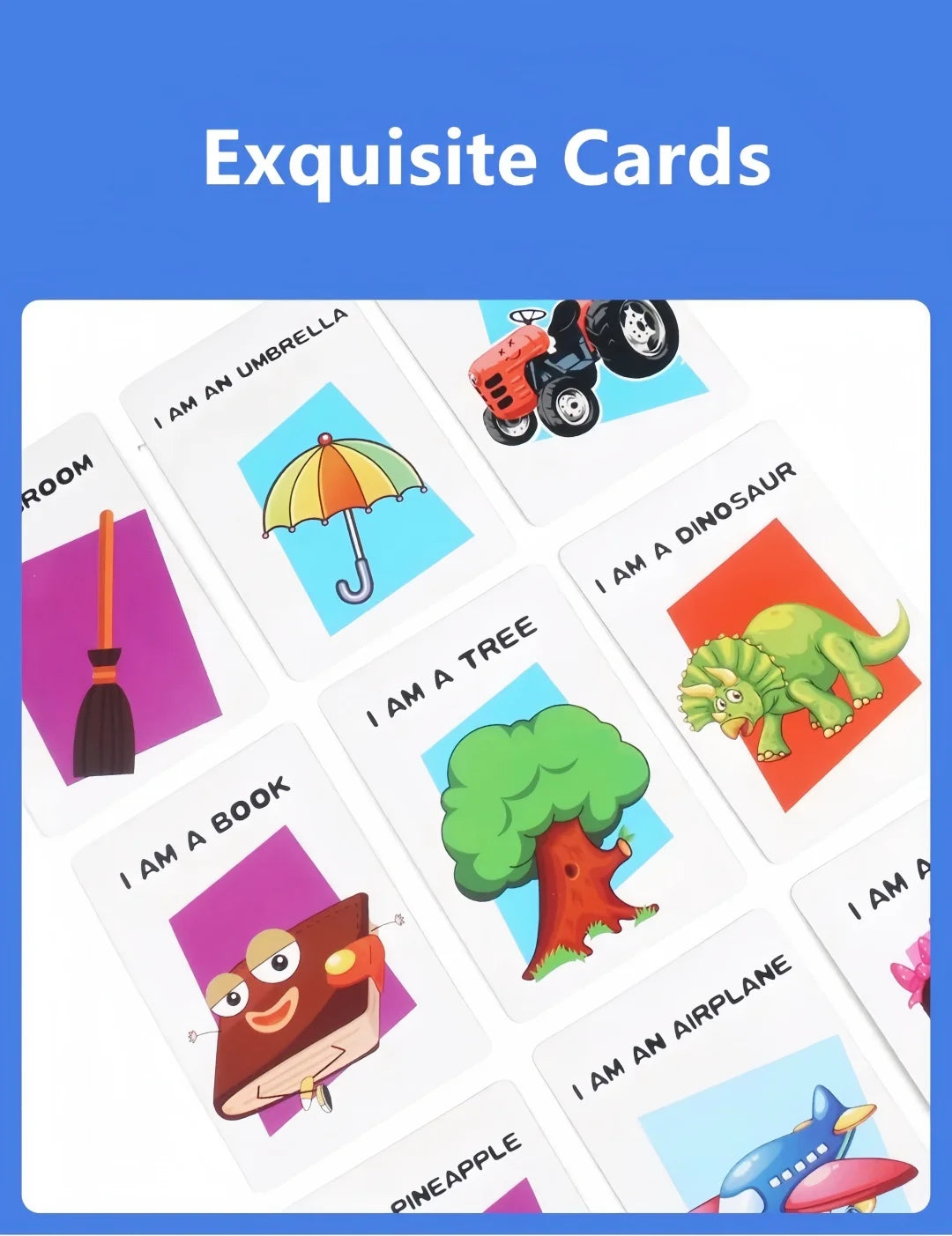 A set of cards for a guessing game featuring various items like an umbrella, dinosaur, book, tree, and airplane.