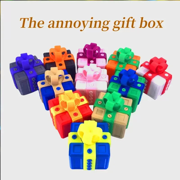 A collection of colorful, pop-up surprise gift boxes made of plastic and cardboard.