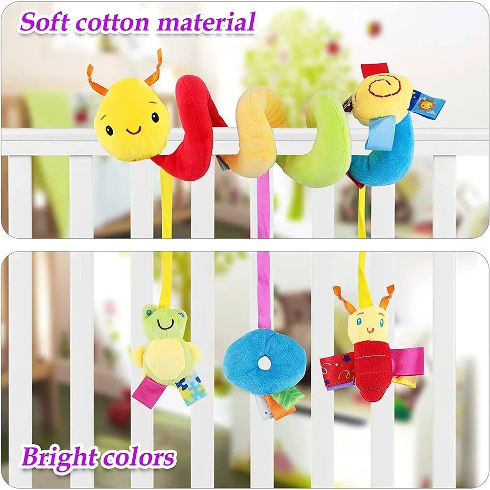 Soft cotton plush hanging toys in bright colors, including a bee and a ladybug, for babies.