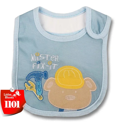 Light blue cartoon cotton towel bib with a yellow hat design for infants and toddlers