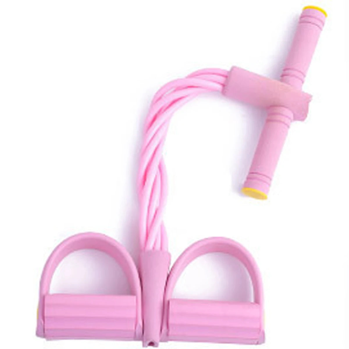 A pink adjustable resistance band kit with a handle and two loops for home workouts.
