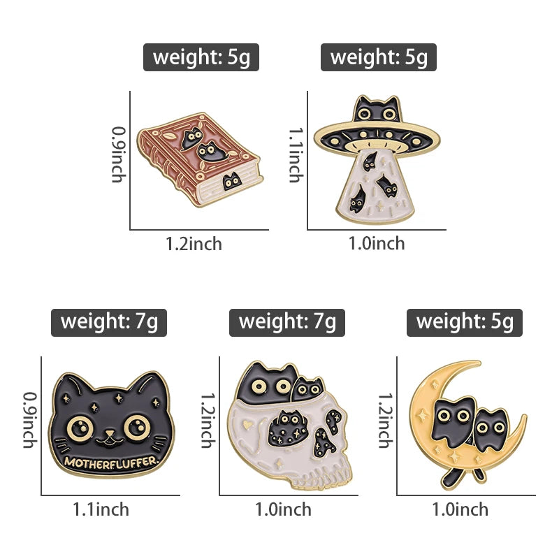 A set of four black cat enamel pins with various designs and sizes.