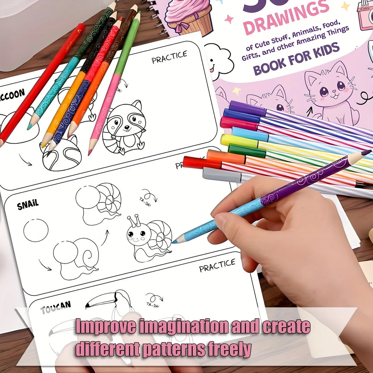 A hand draws various animals and patterns using colored pencils in a practice book for kids.