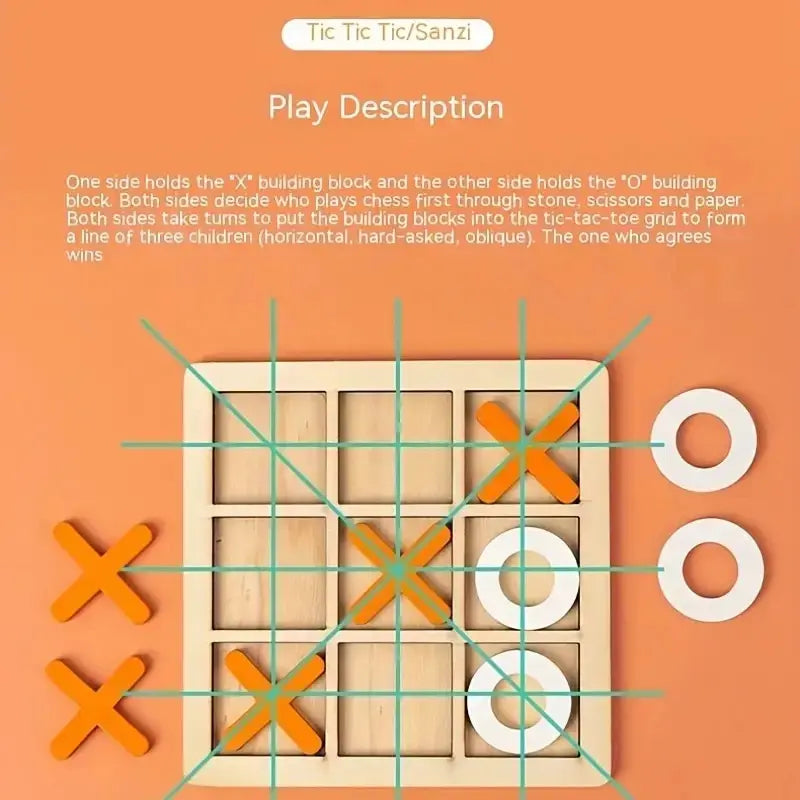 A wooden tic-tac-toe board game with orange and white pieces is shown on an orange background.