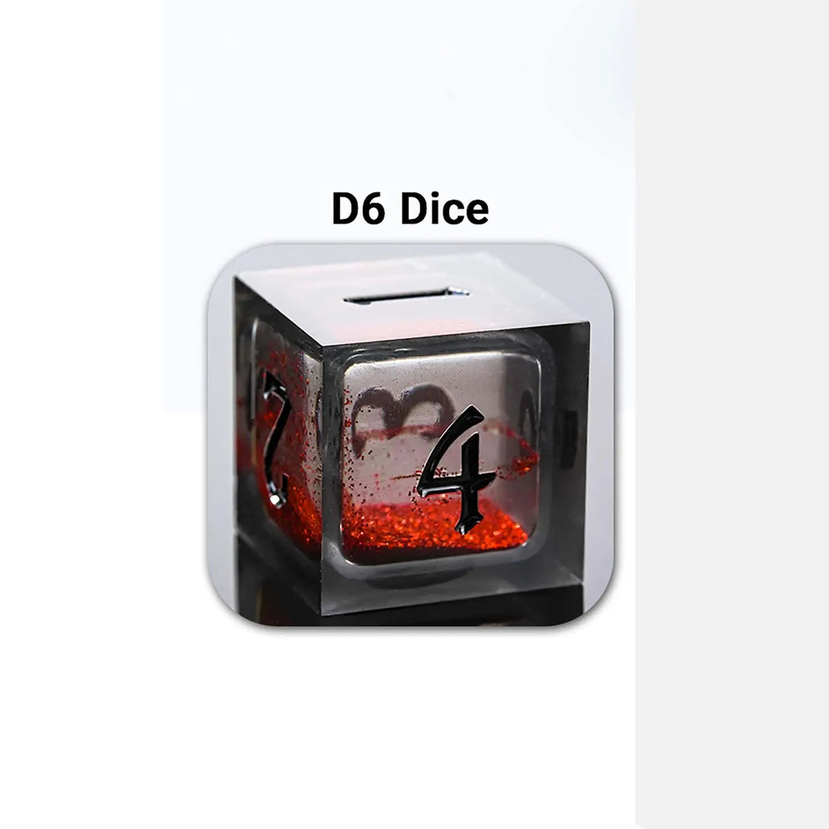 A close-up view of a D6 dice set made of liquid core resin with red glitter inside.