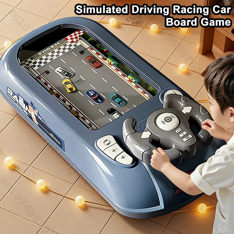 A child is playing a simulated driving racing car board game featuring a steering wheel and track on a blue toy board.