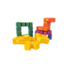 A collection of colorful, interlocking cube-shaped fidget toys in green, orange, and yellow.