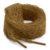 A spool of tan flat elastic silk lace shoelaces coiled on a white background.