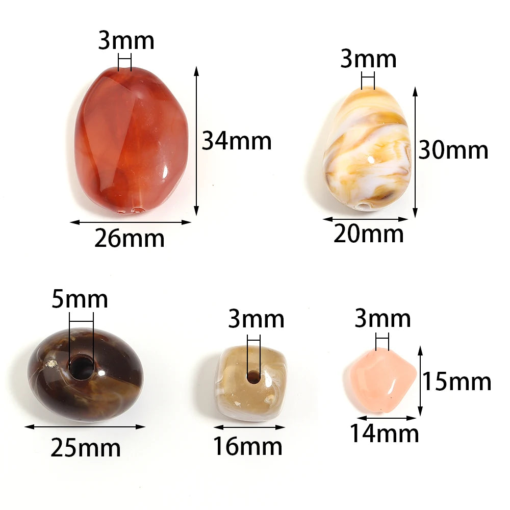 A collection of colorful acrylic beads and stones shown with various dimensions and shapes for jewelry making.