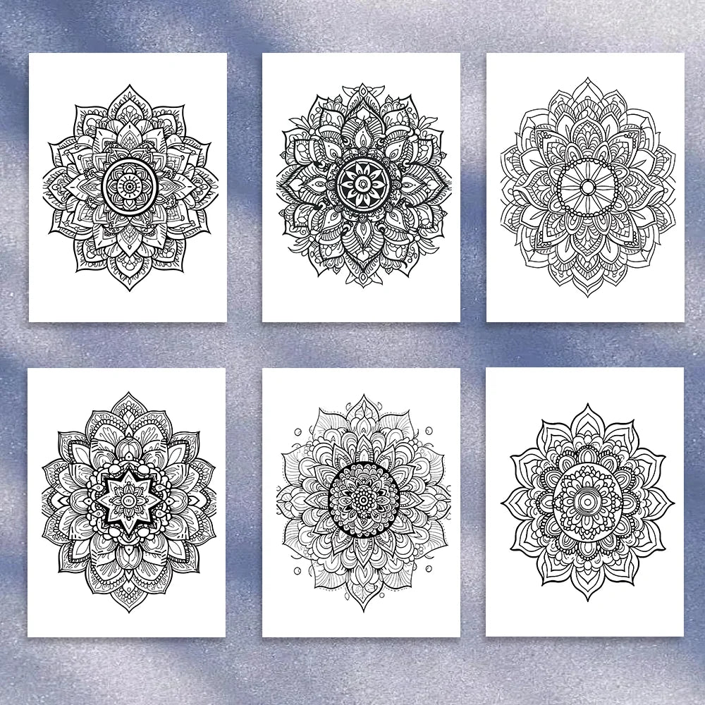 Four intricate black line drawings of mandala patterns for coloring books.