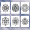 Four intricate black line drawings of mandala patterns for coloring books.
