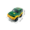 A green and yellow glowing LED race track car toy set for kids shown from the side with dimensions.