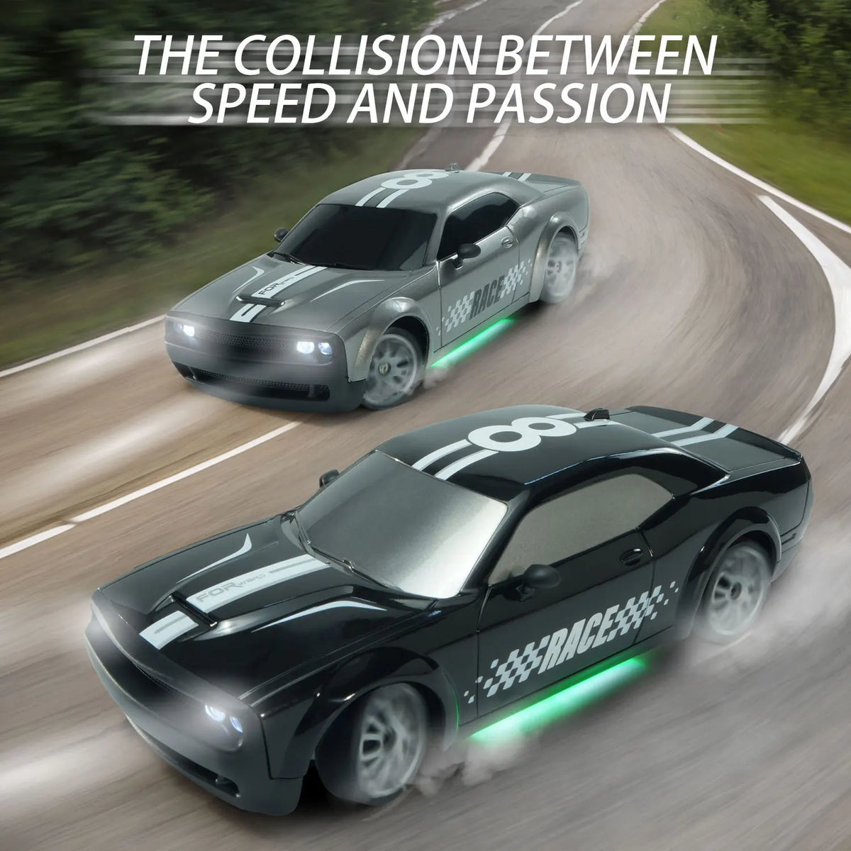 A black high-speed RC drift car is speeding down a paved road, with another similar car visible in the background.