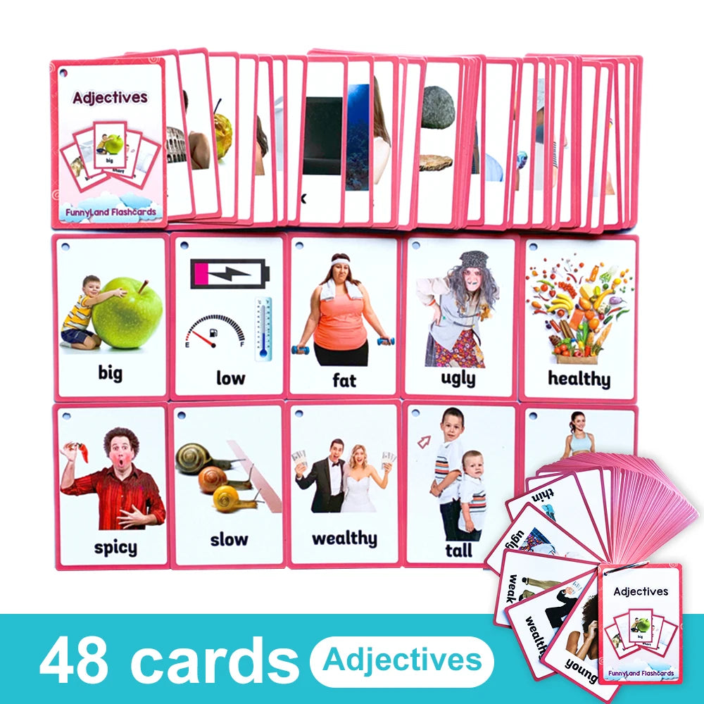 A set of 48 pink flashcards featuring adjectives for kids including big low fat ugly healthy spicy slow wealthy tall and youn