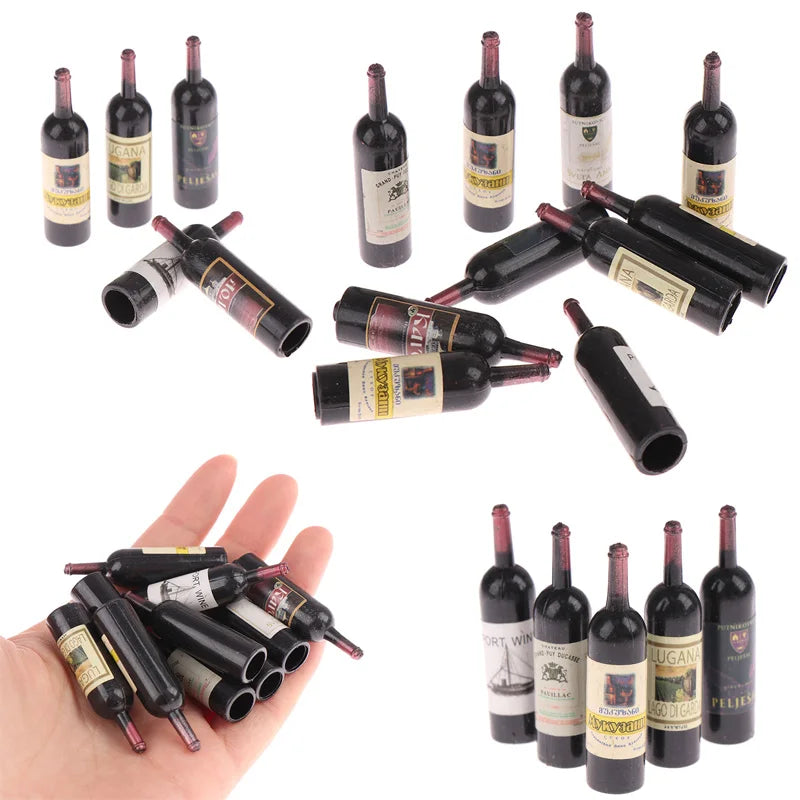 A collection of miniature resin wine bottles in various colors and sizes for dollhouse decor.
