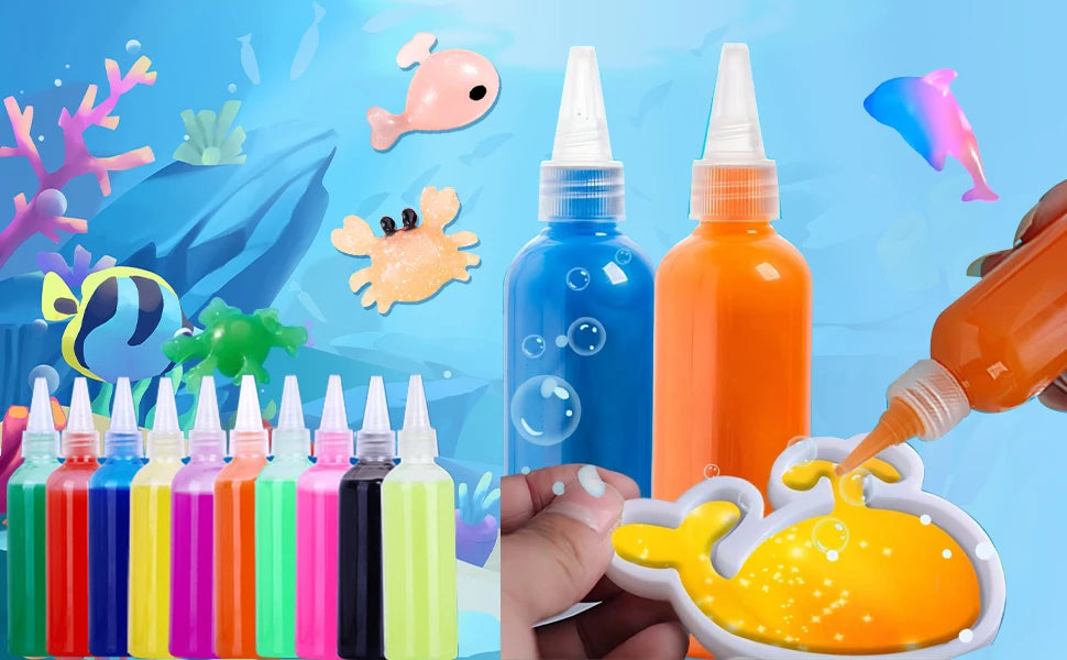 A colorful kit featuring liquid beads and an orange water animal bead mold.