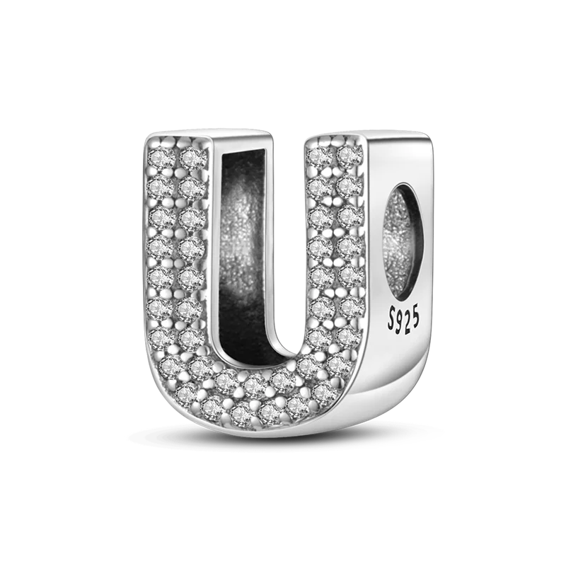 A sterling silver alphabet charm shaped like the letter U, encrusted with cubic zirconia stones.