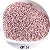 A pile of pink glass seed beads, identified as KF10#, is shown in a white dish.