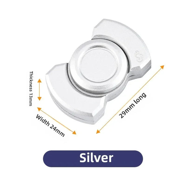 Silver 3-in-1 stainless steel fidget spinner and slider with dimensions 29mm long, 24mm wide, and 13mm thick.