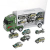 A die-cast construction truck set featuring a green and silver transporter with multiple vehicles inside.