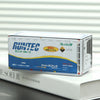 A rectangular white industrial storage box labeled RUNTEC with Japanese text and a silver handle on a white surface.