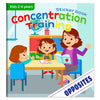 A children's book titled Concentration Training shows a girl learning to focus on tasks.