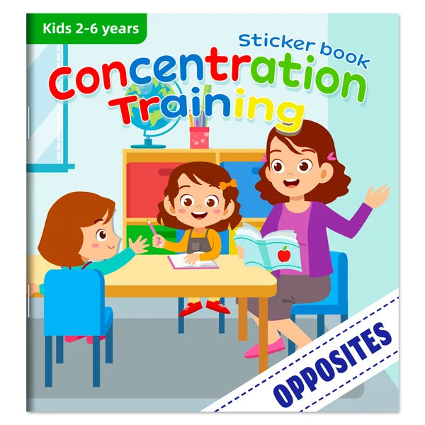 A children's book titled Concentration Training shows a girl learning to focus on tasks.