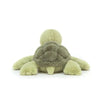 A soft, light green simulated turtle plush doll with a gray head and body.