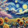 A vibrant paint by numbers canvas depicting Mount Fuji under a starry night sky with cherry blossoms and sunflowers.