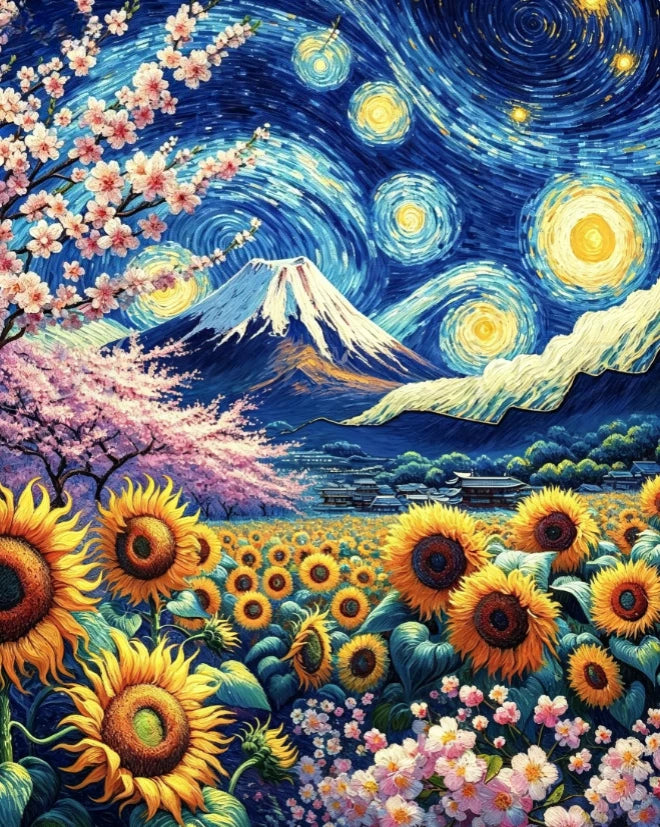 A vibrant paint by numbers canvas depicting Mount Fuji under a starry night sky with cherry blossoms and sunflowers.