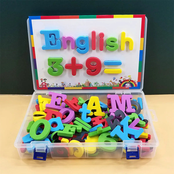 A clear plastic box filled with colorful magnetic alphabet and number tiles for educational play.