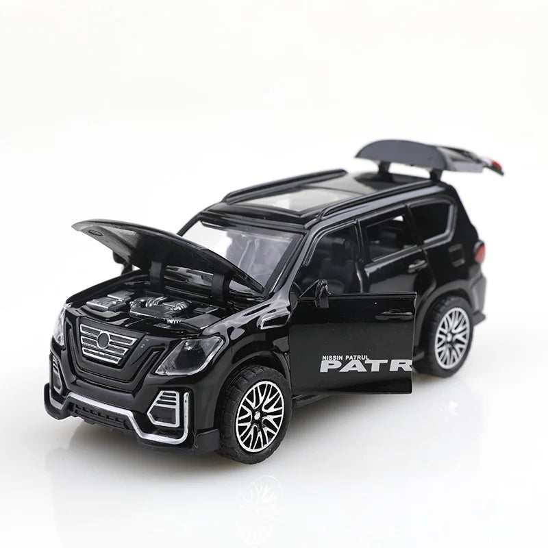 A black 1:36 scale die-cast metal SUV toy with opening doors and pull-back action.