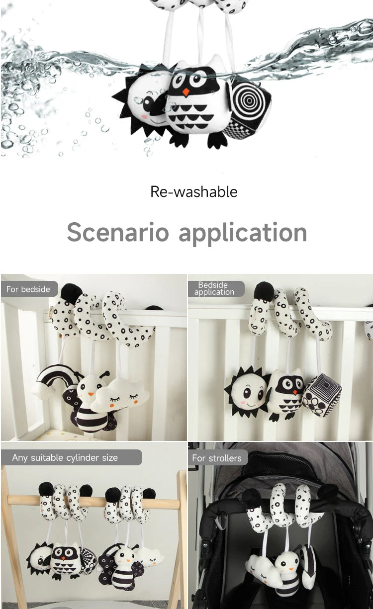 Black and White Animal Hanging Toys for Baby Car Seat and Stroller