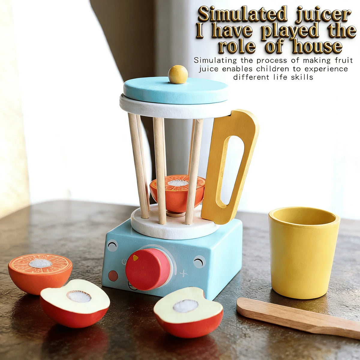 A wooden kitchen play set simulating a juicer with realistic fruit pieces for children's life skills