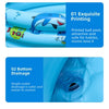 A blue inflatable kids play pool featuring a cartoon design, showing details like exquisite printing and a bottom drainage va