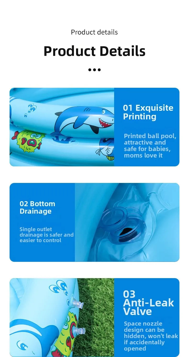 A blue inflatable kids play pool featuring a cartoon design, showing details like exquisite printing and a bottom drainage va