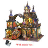 A detailed wooden miniature rail-track city dollhouse kit featuring a large building with clocks and shops.