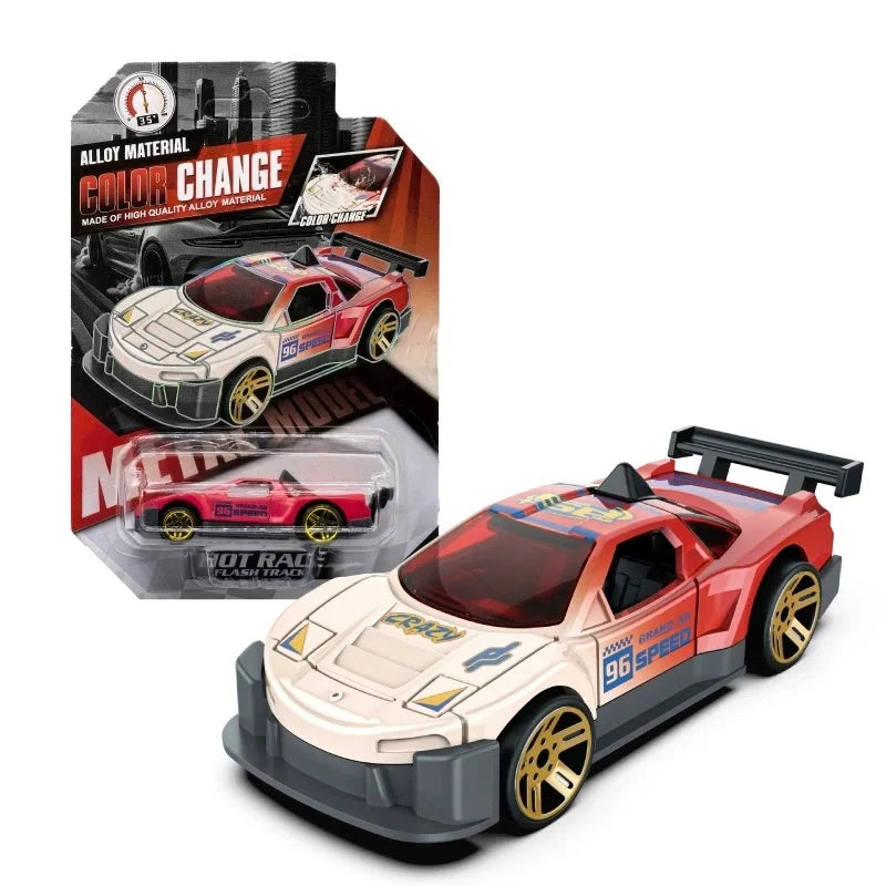A red and white pull-back racing car with gold wheels is shown next to its packaging.