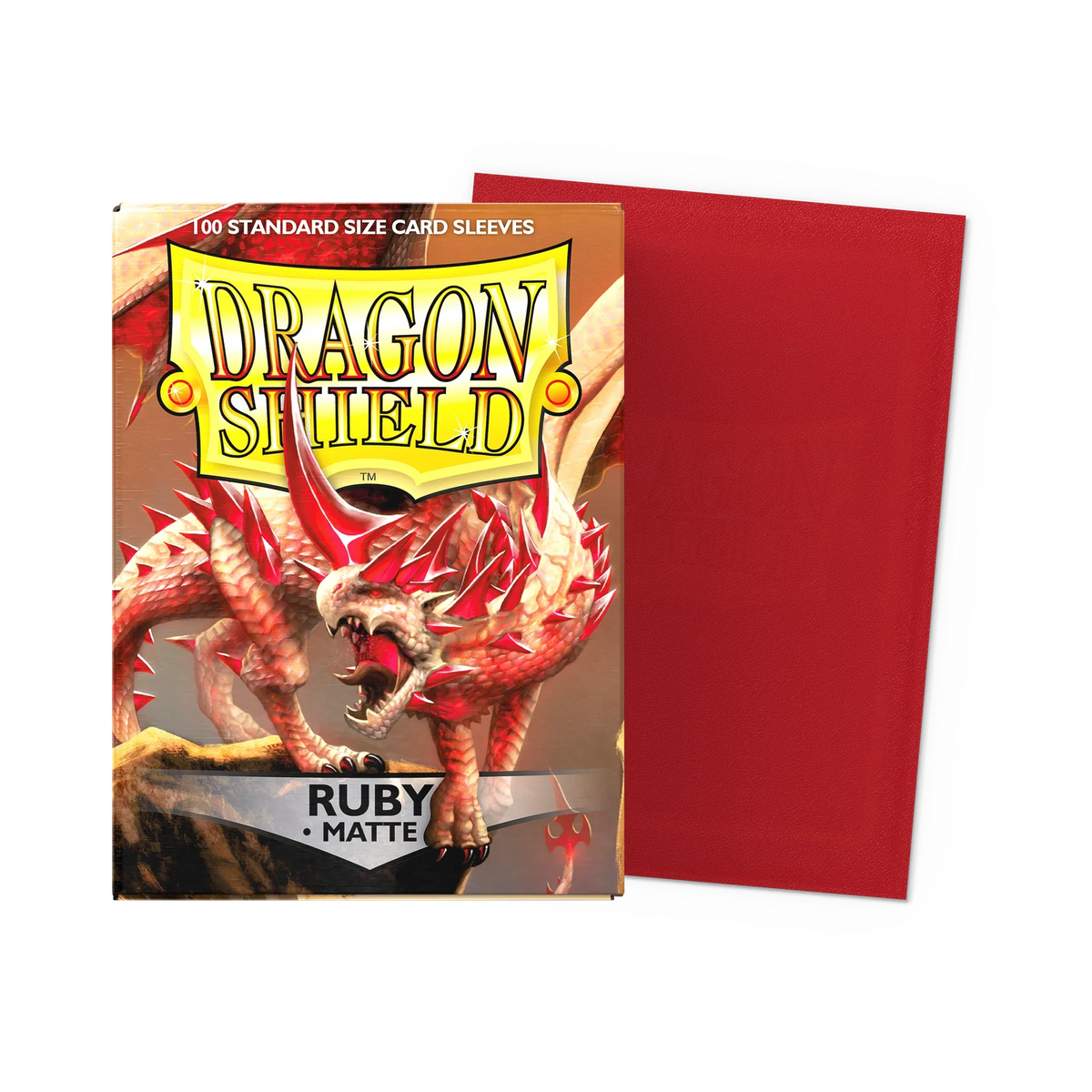 A red dragon graphic on a card sleeve featuring the Dragon Shield logo and ruby matte finish.
