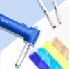 A blue electric airbrush tool is shown next to several disposable paint pens and a rainbow of colored paint on white paper.