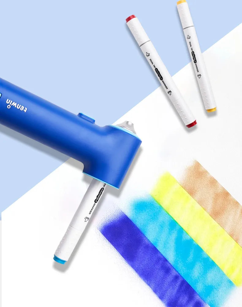 A blue electric airbrush tool is shown next to several disposable paint pens and a rainbow of colored paint on white paper.