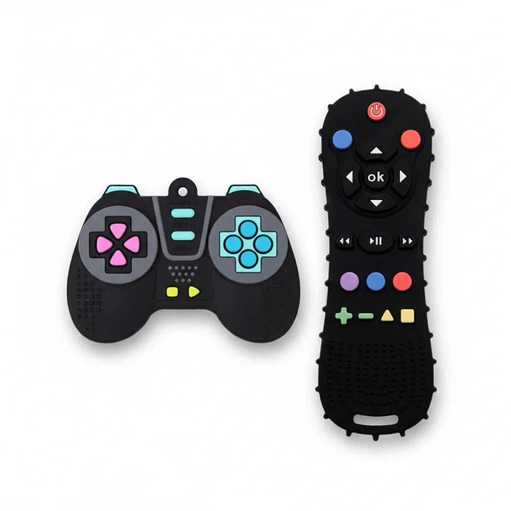 A black silicone teether set featuring various buttons and shapes for babies.
