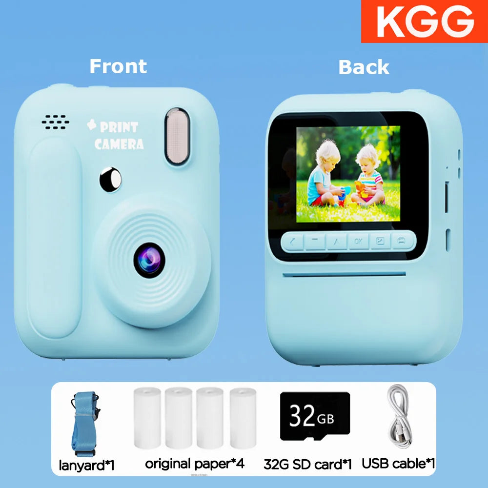 Front and back views of a light blue instant print camera with accessories like a lanyard, paper, and USB cable.